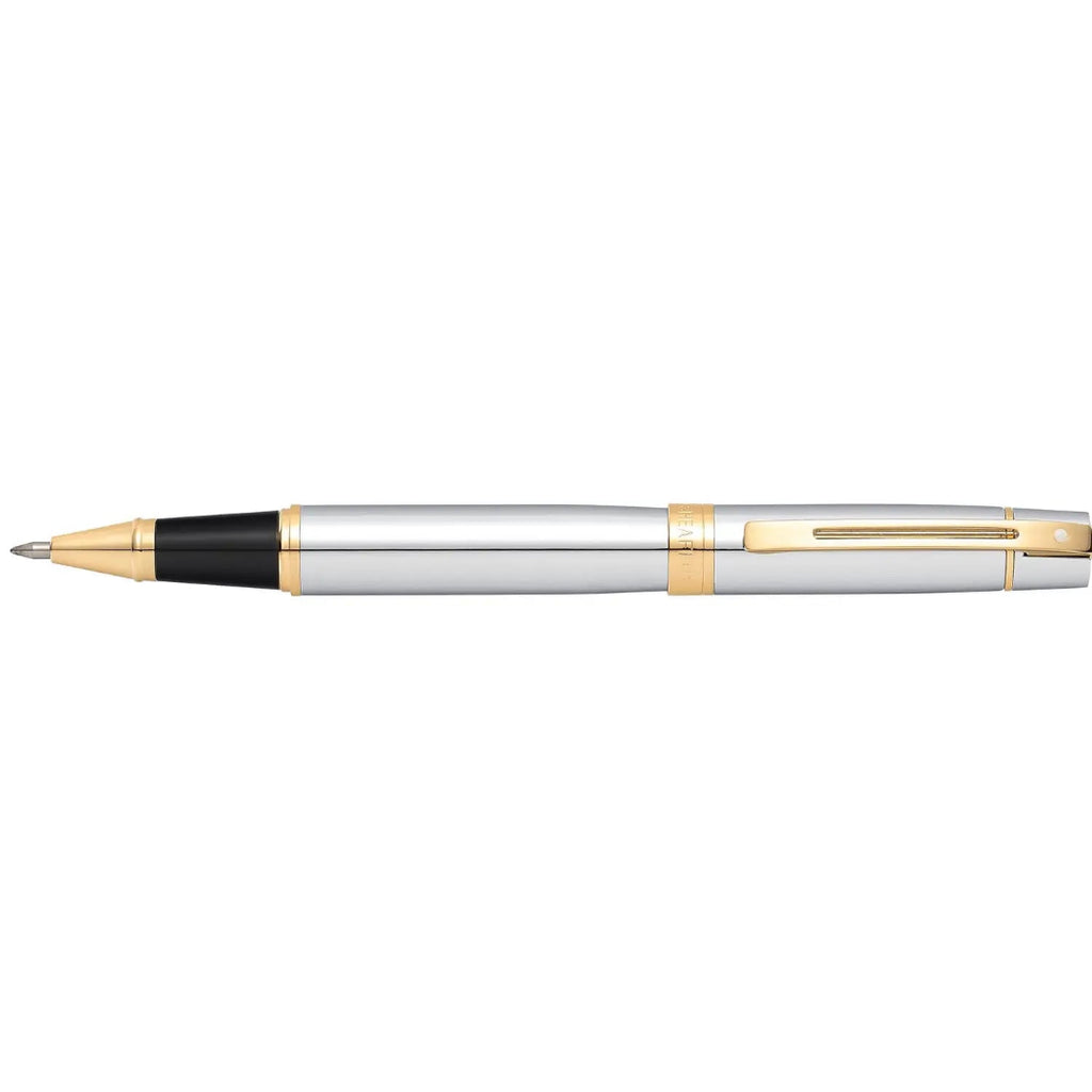 Sheaffer 300 Bright Chrome Rollerball Pen With Gold Trims full side profile