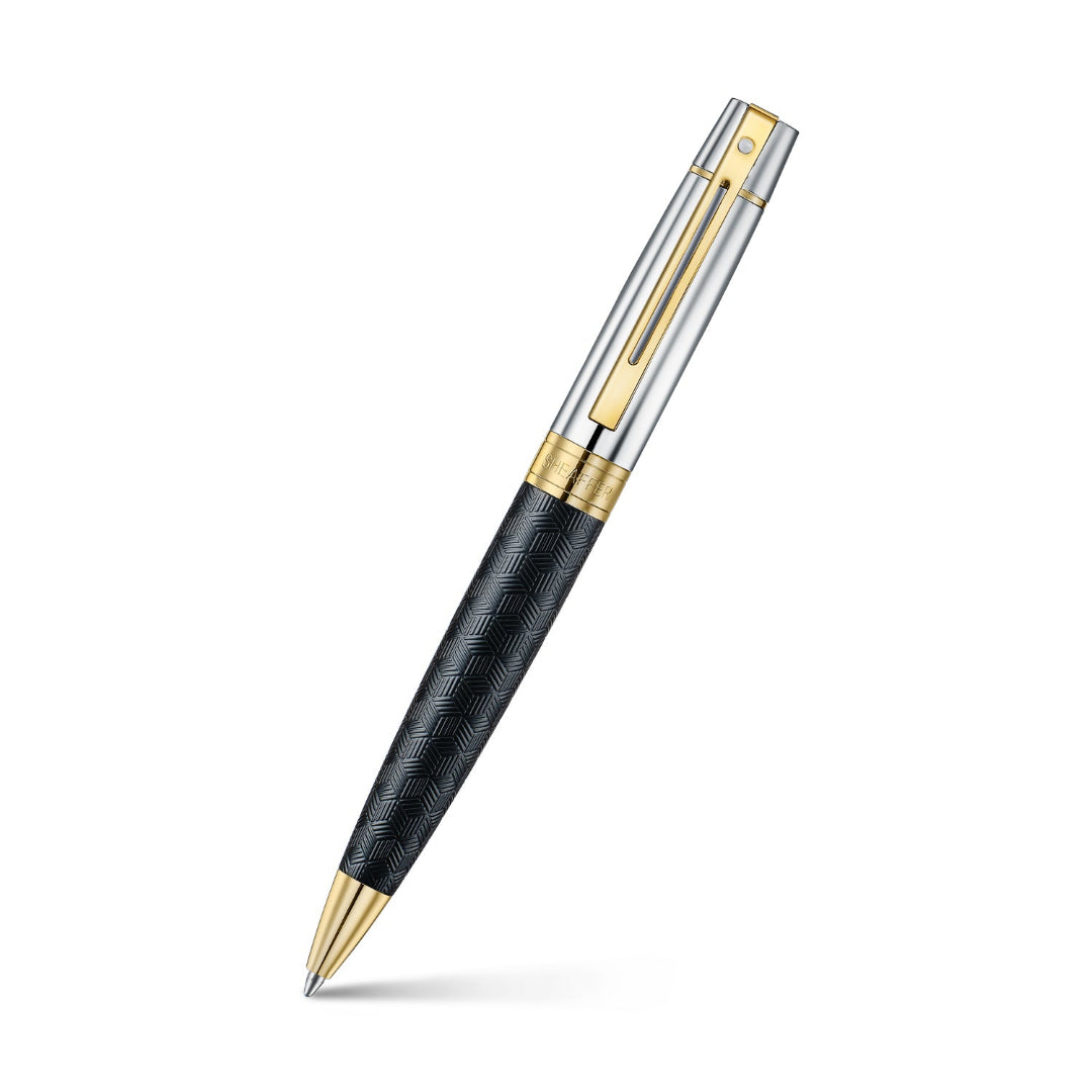 Sheaffer 300 Engraved Matte Black Ballpoint Pen With Chrome and Gold Trims angled writing shot