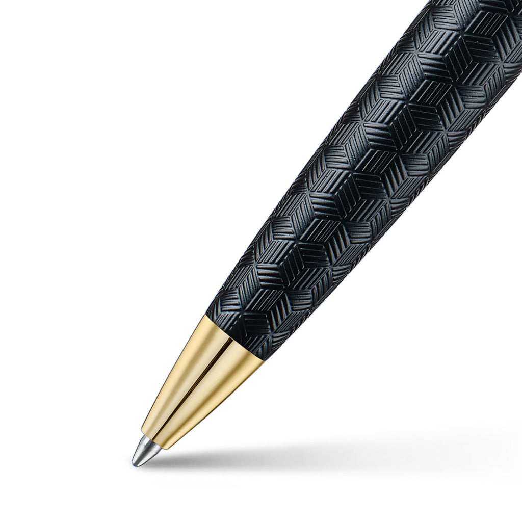 Sheaffer 300 Engraved Matte Black Ballpoint Pen With Chrome and Gold Trims barrel and tip section