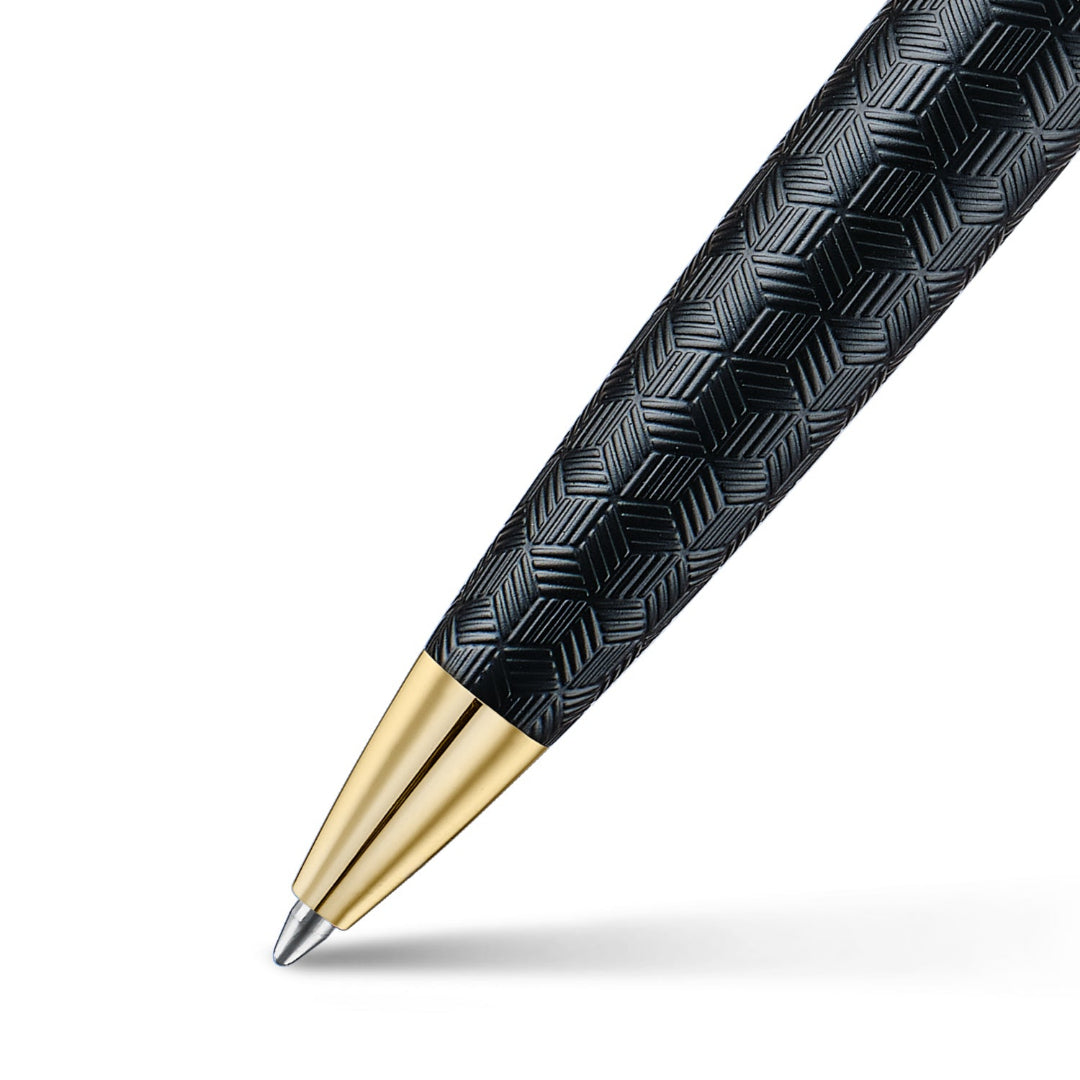 Sheaffer 300 Engraved Matte Black Ballpoint Pen With Chrome and Gold Trims barrel and tip section