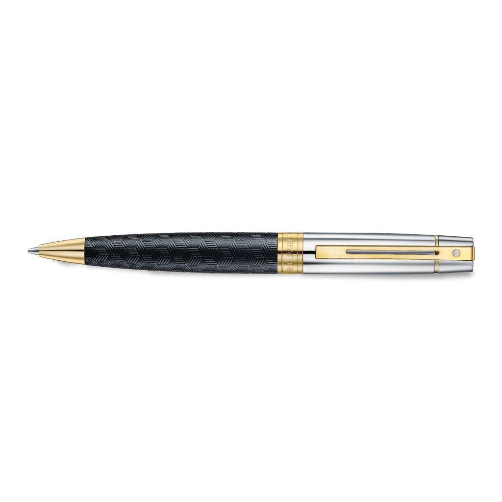 Sheaffer 300 Engraved Matte Black Ballpoint Pen With Chrome and Gold Trims full side profile