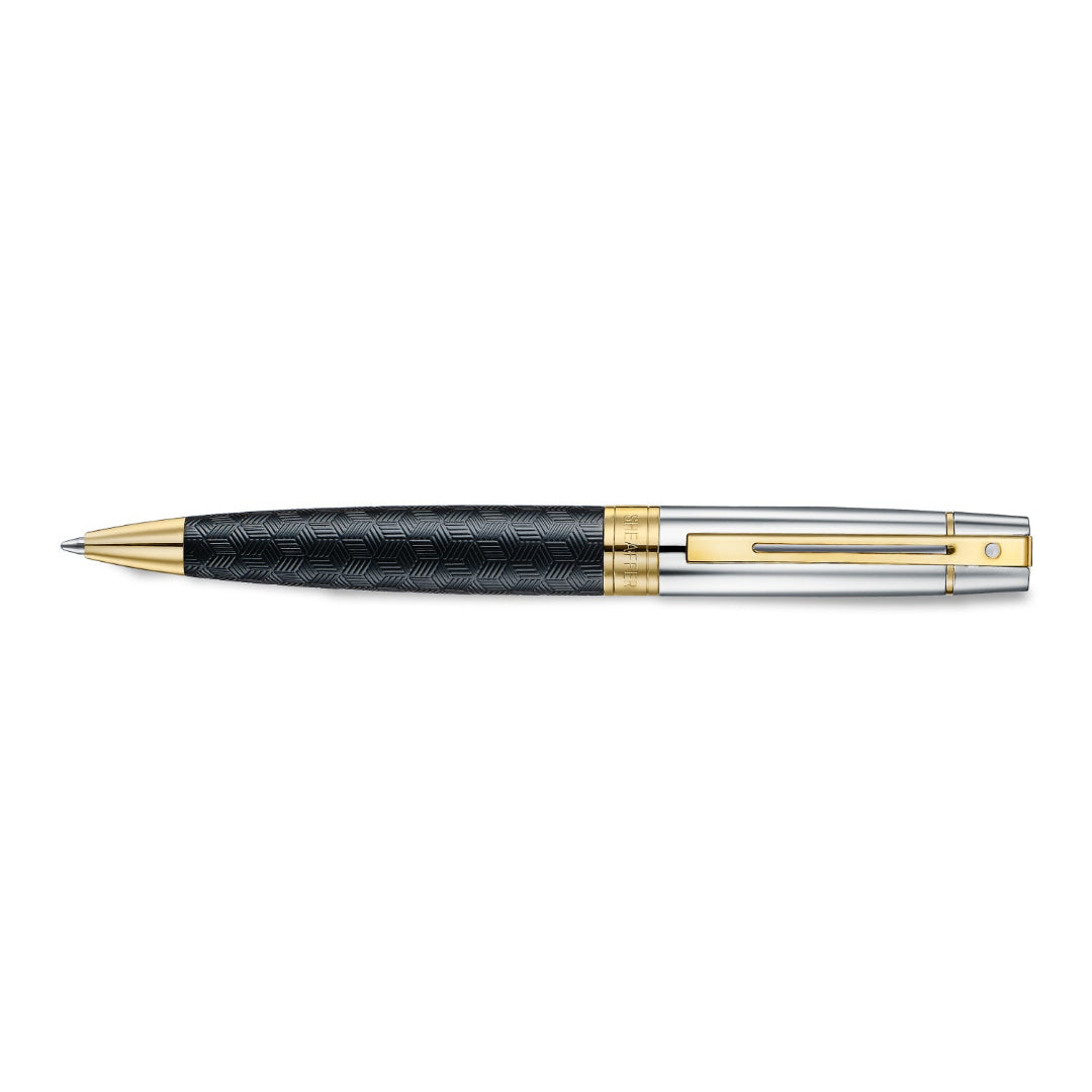 Sheaffer 300 Engraved Matte Black Ballpoint Pen With Chrome and Gold Trims full side profile