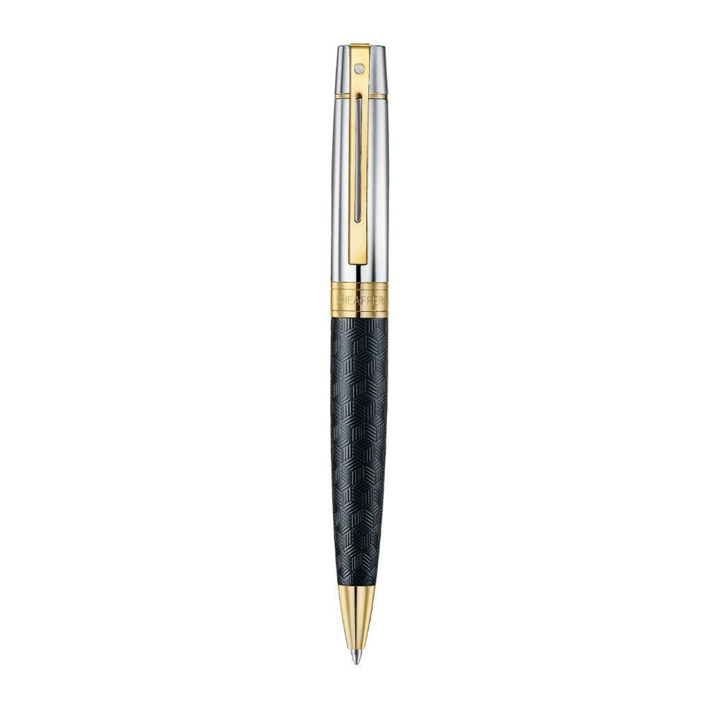 Sheaffer 300 Engraved Matte Black Ballpoint Pen With Chrome and Gold Trims upright front view