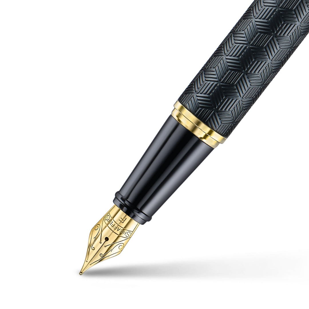 Sheaffer 300 Engraved Matte Black Fountain Pen With Chrome and Gold Trims barrel and tip section