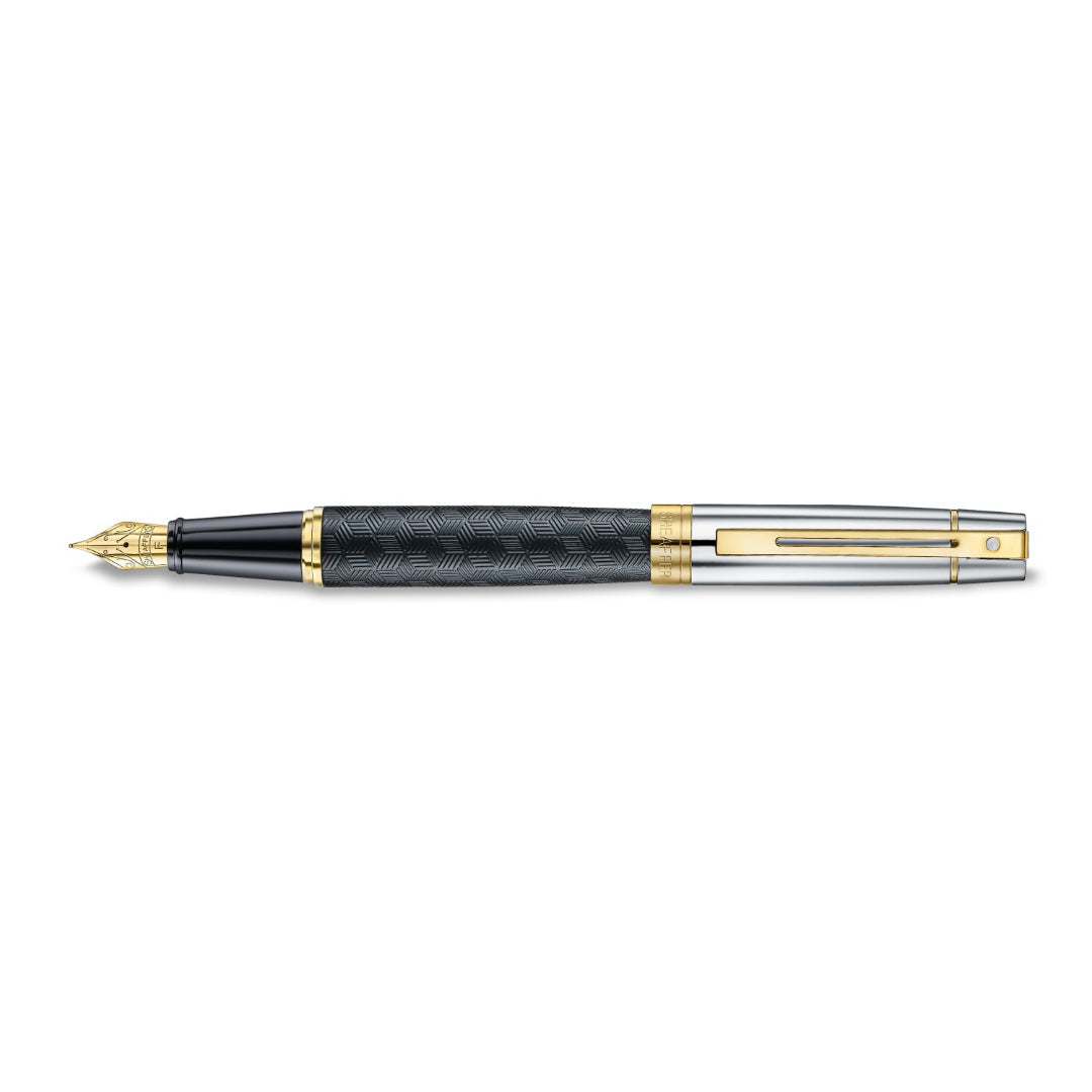 Sheaffer 300 Engraved Matte Black Fountain Pen With Chrome and Gold Trims full side profile