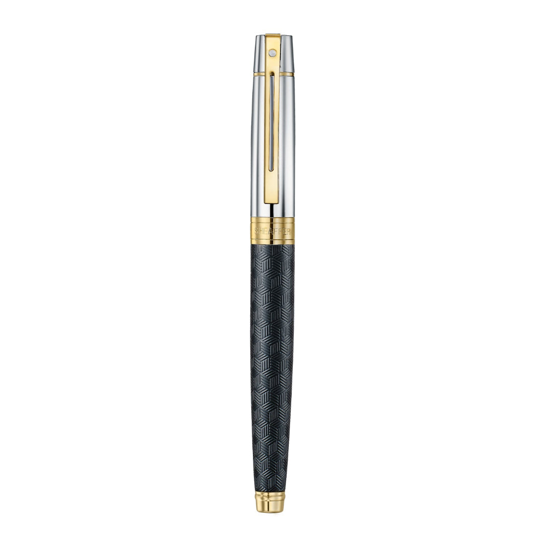 Sheaffer 300 Engraved Matte Black Fountain Pen With Chrome and Gold Trims full upright view