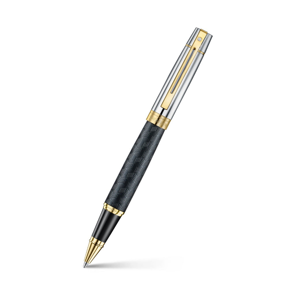 Sheaffer 300 Engraved Matte Black Rollerball Pen With Chrome and Gold Trims angled writing shot