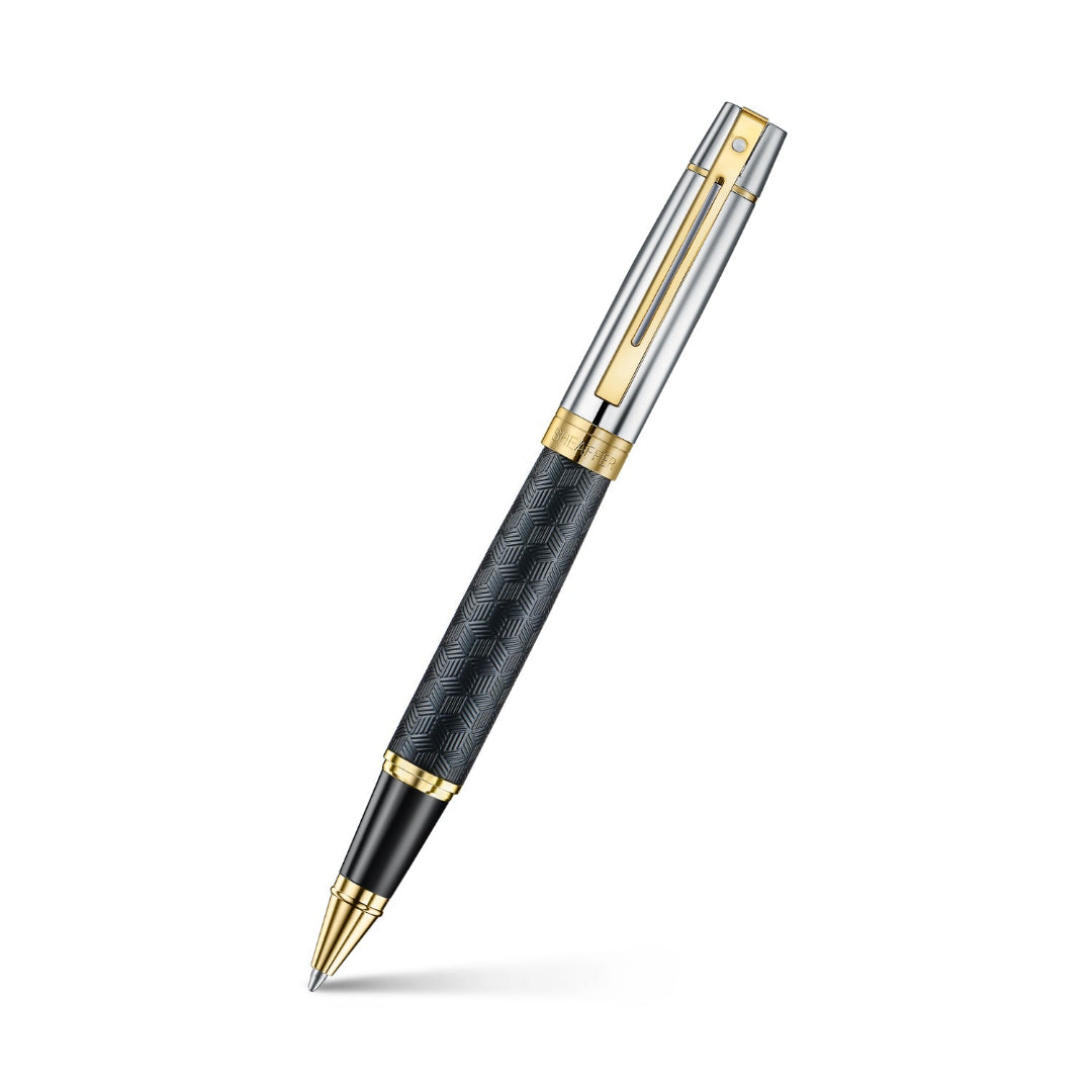 Sheaffer 300 Engraved Matte Black Rollerball Pen With Chrome and Gold Trims angled writing shot