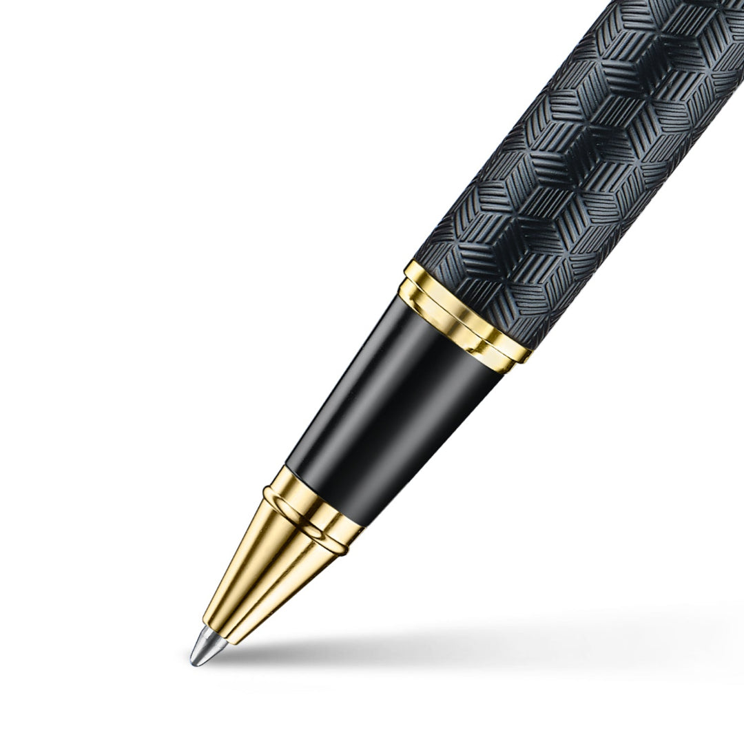 Sheaffer 300 Engraved Matte Black Rollerball Pen With Chrome and Gold Trims barrel and tip section