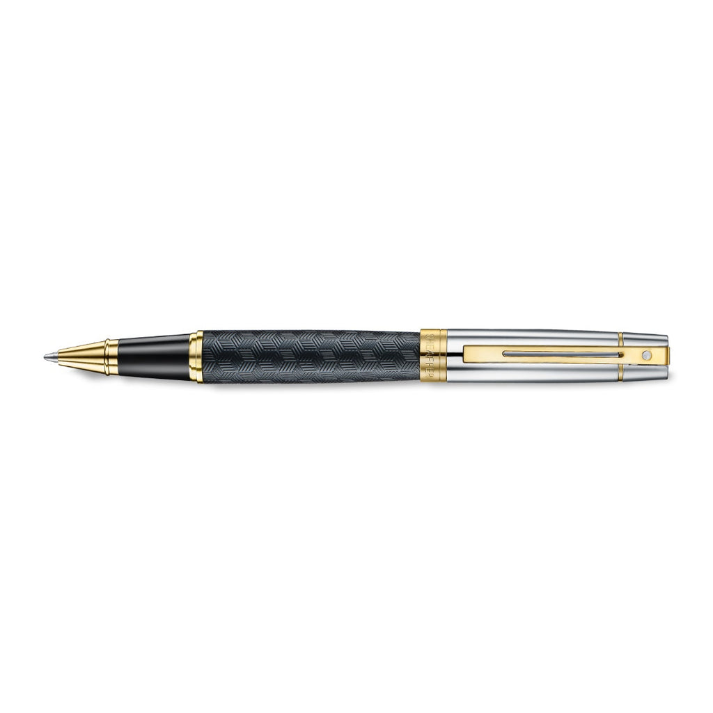Sheaffer 300 Engraved Matte Black Rollerball Pen With Chrome and Gold Trims full side profile