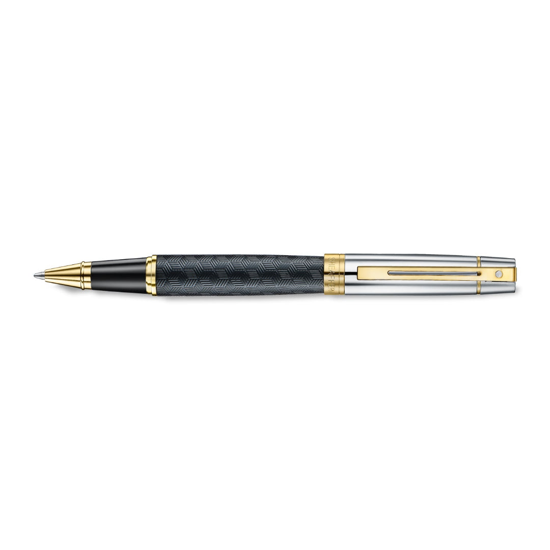 Sheaffer 300 Engraved Matte Black Rollerball Pen With Chrome and Gold Trims full side profile