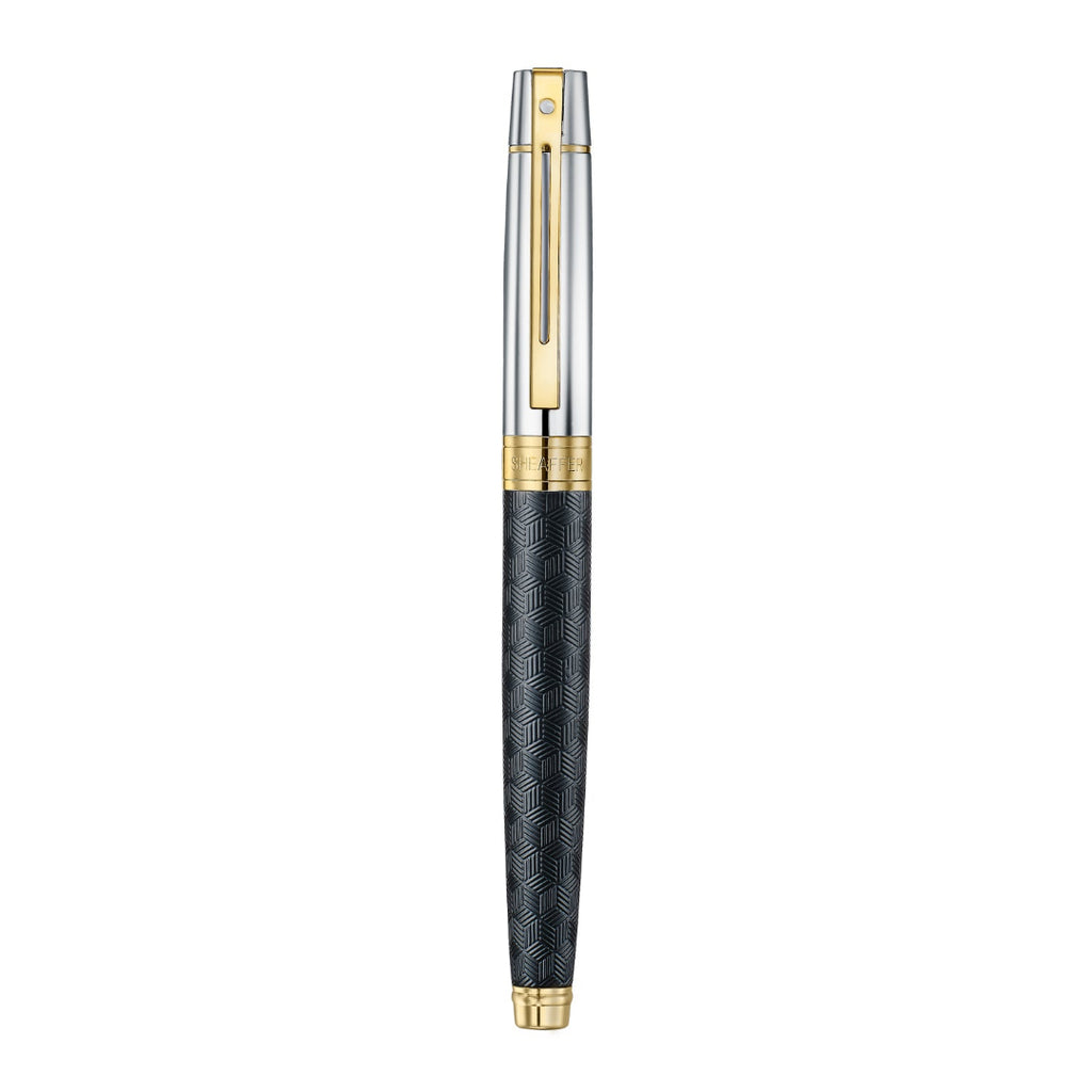 Sheaffer 300 Engraved Matte Black Rollerball Pen With Chrome and Gold Trims upright front view