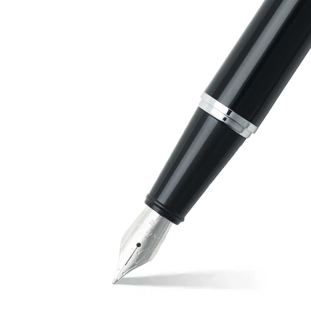 Sheaffer 300 Glossy Black and Chrome Fountain Pen With Chrome Trims barrel and tip section
