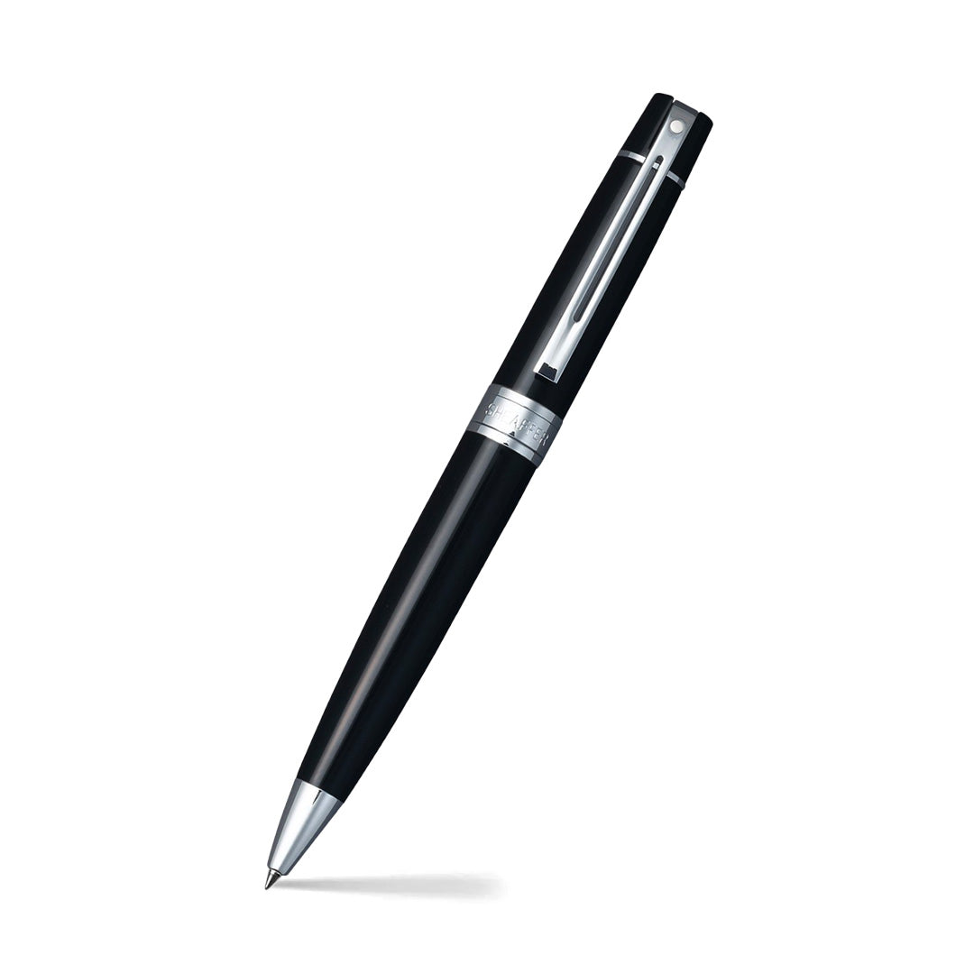Sheaffer 300 Glossy Black Ballpoint Pen With Chrome Trims angled writing shot