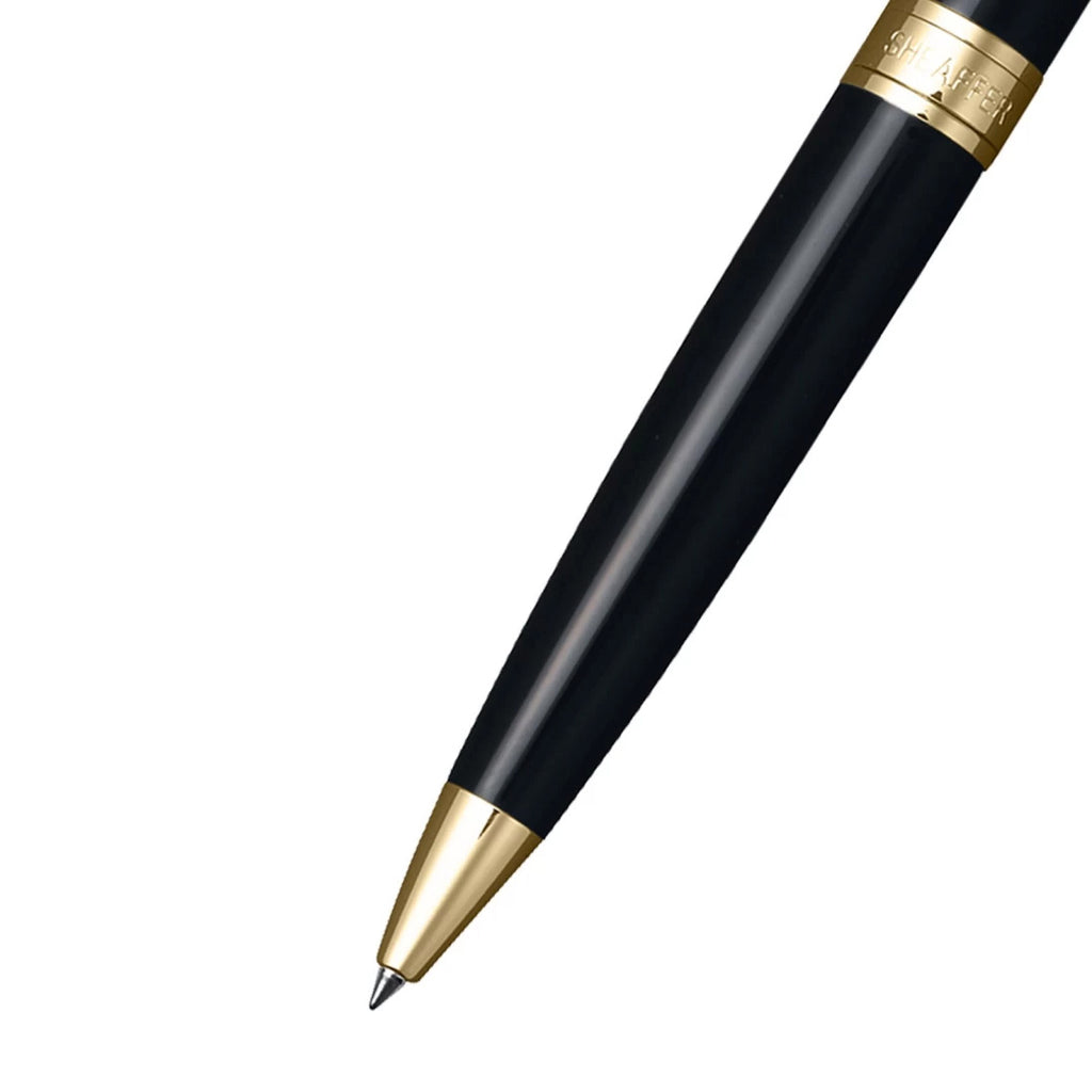 Sheaffer 300 Glossy Black Ballpoint Pen With Gold Trims barrel and tip section