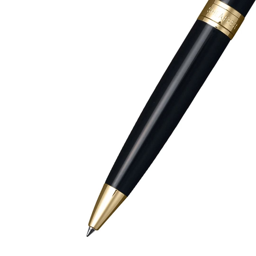 Sheaffer 300 Glossy Black Ballpoint Pen With Gold Trims barrel and tip section