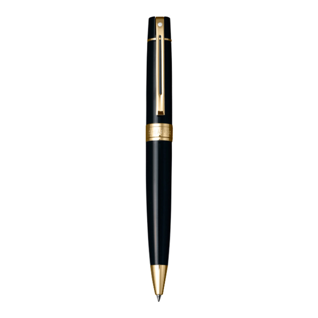 Sheaffer 300 Glossy Black Ballpoint Pen With Gold Trims front view