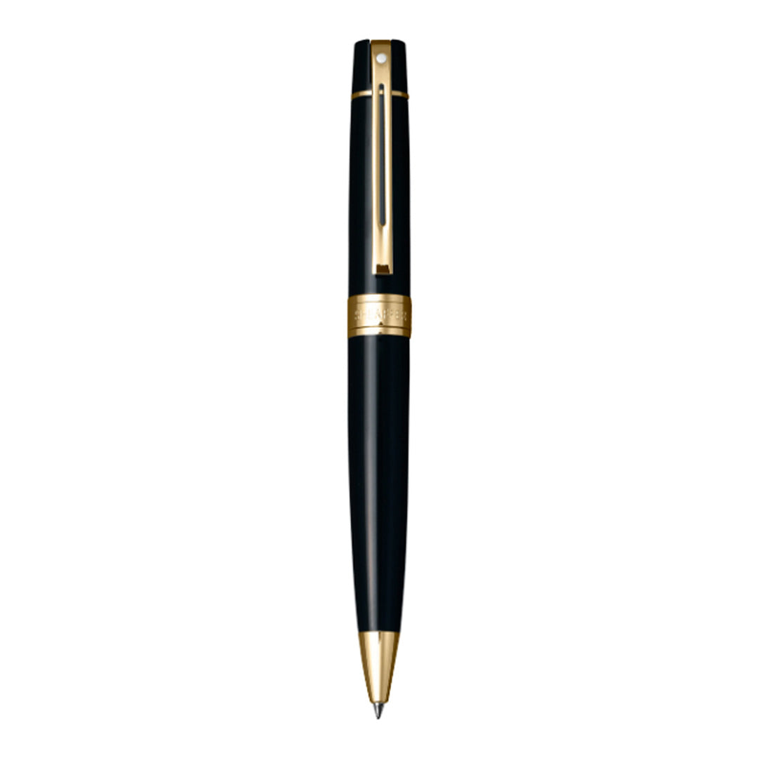 Sheaffer 300 Glossy Black Ballpoint Pen With Gold Trims front view