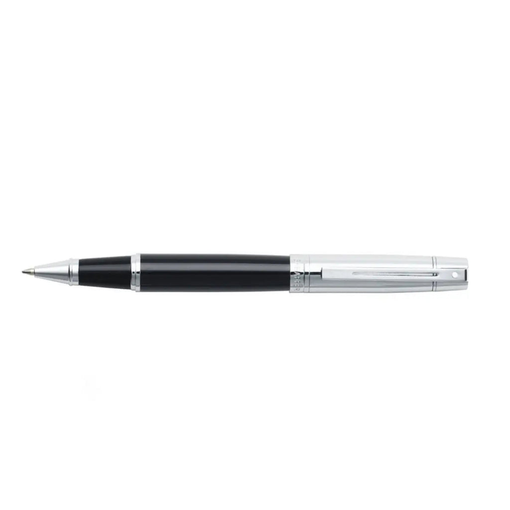 Sheaffer 300 Glossy Black Barrel Rollerball Pen With Bright Chrome Cap full side profile