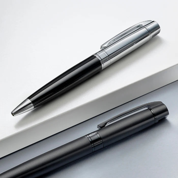 Sheaffer 300 Glossy Black Barrel Rollerball Pen With Bright Chrome Cap on display platform