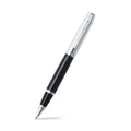 Sheaffer 300 Glossy Black Barrel Rollerball Pen With Bright Chrome Cap angled writing shot