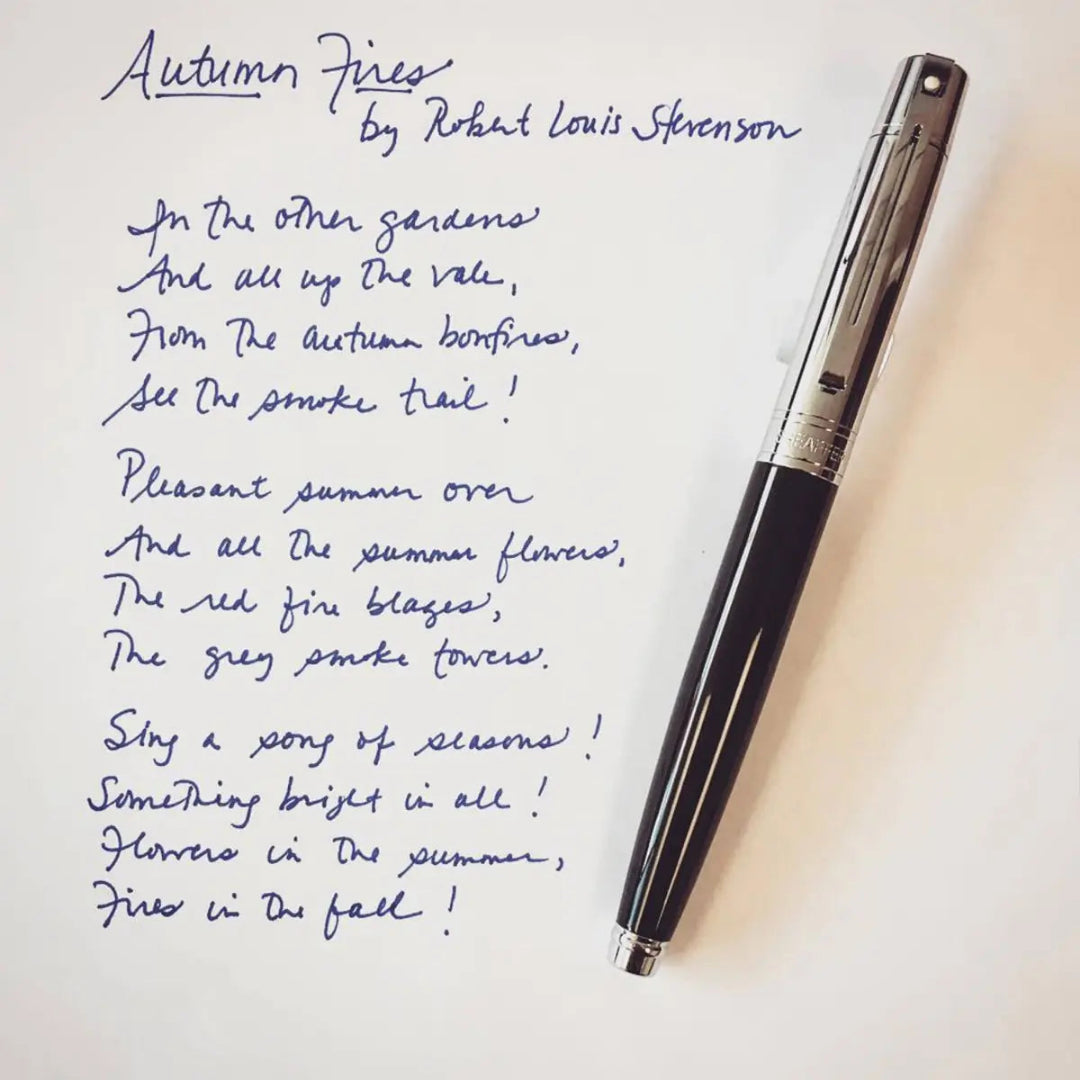 Sheaffer 300 Glossy Black Barrel Rollerball Pen With Bright Chrome Cap beside a handwritten note