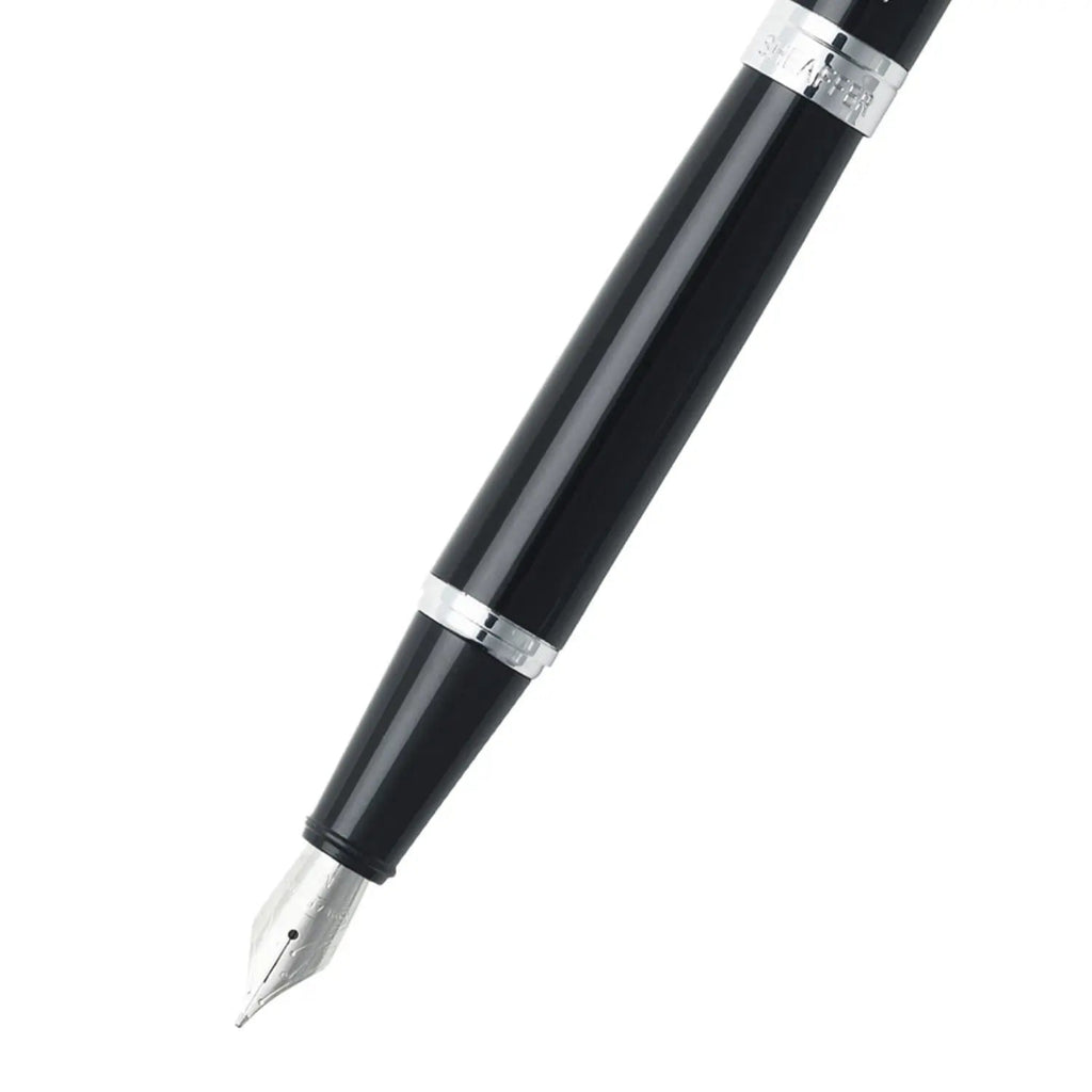 Sheaffer 300 Glossy Black Fountain Pen With Chrome Trims barrel and tip section
