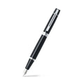 Sheaffer 300 Glossy Black Fountain Pen With Chrome Trims angled writing shot