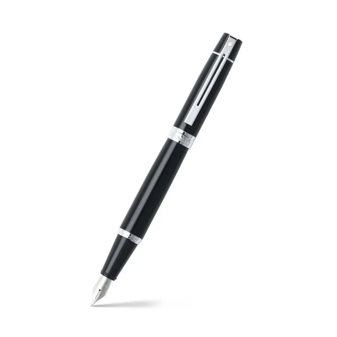 Sheaffer 300 Glossy Black Fountain Pen With Chrome Trims angled writing shot