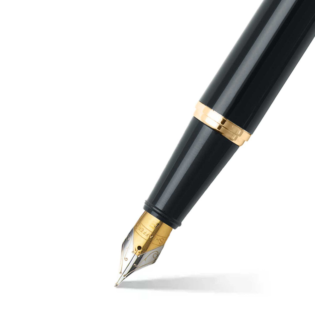 Sheaffer 300 Glossy Black Fountain Pen With Gold Trims barrel and tip section