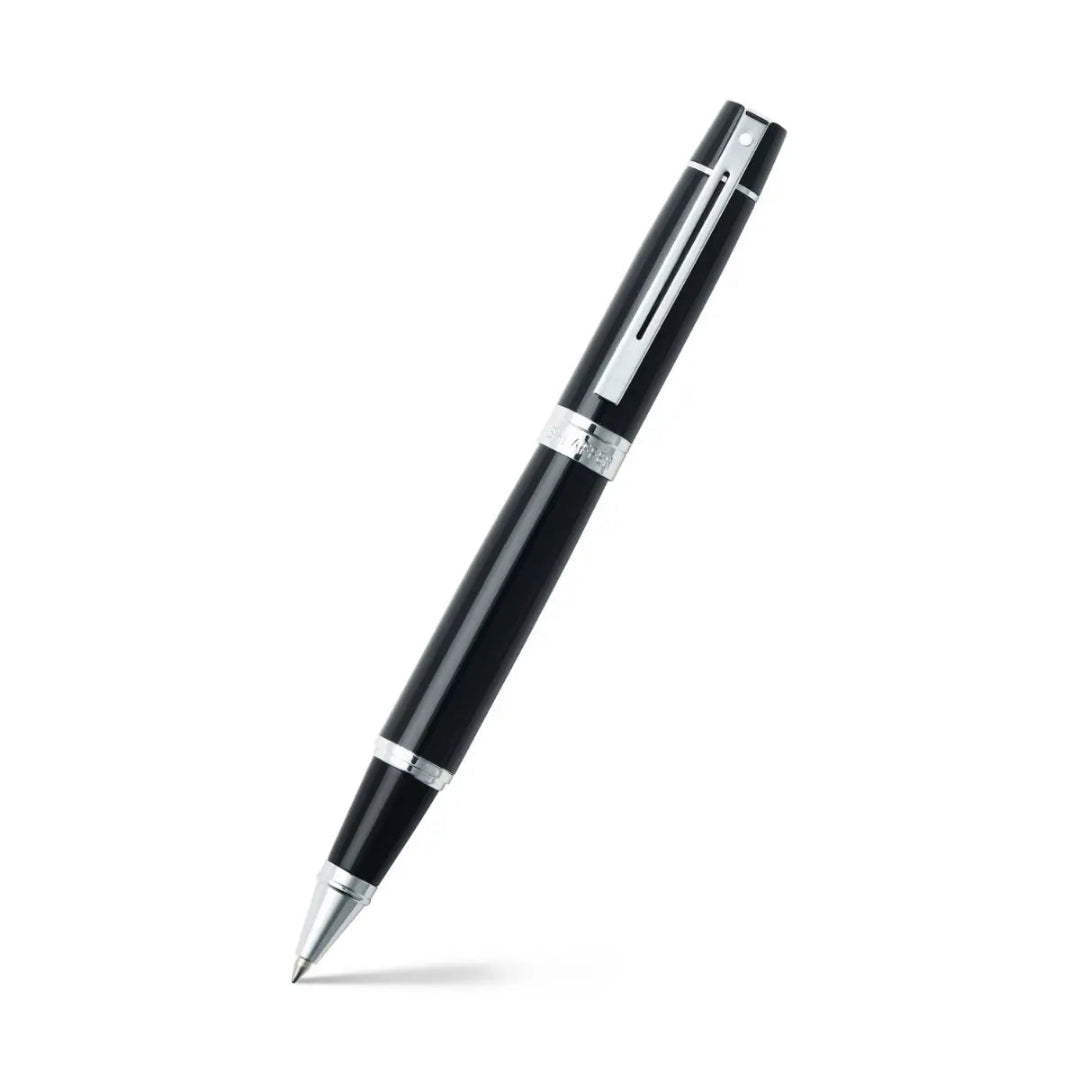 Sheaffer 300 Glossy Black Rollerball Pen With Chrome Trims angled writing shot