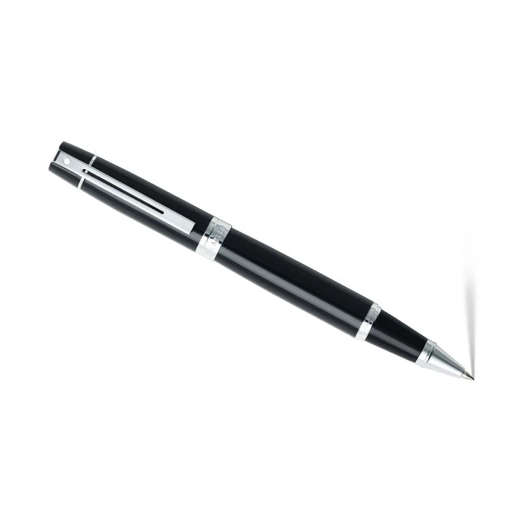 Sheaffer 300 Glossy Black Rollerball Pen With Chrome Trims angled shot