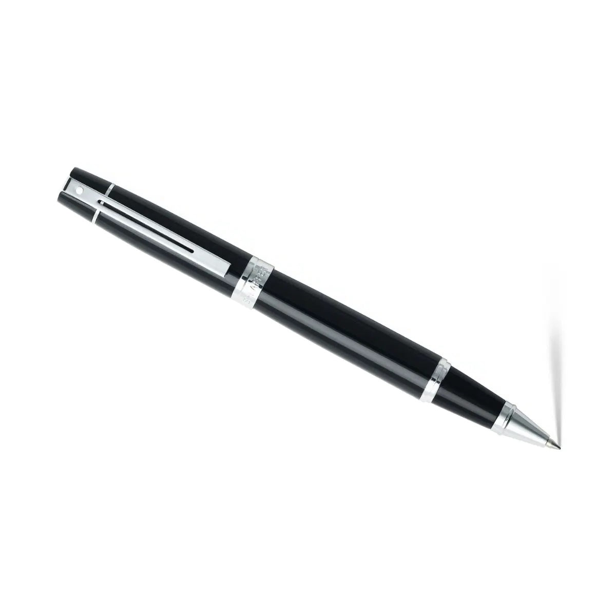 Sheaffer 300 Glossy Black Rollerball Pen With Chrome Trims angled shot