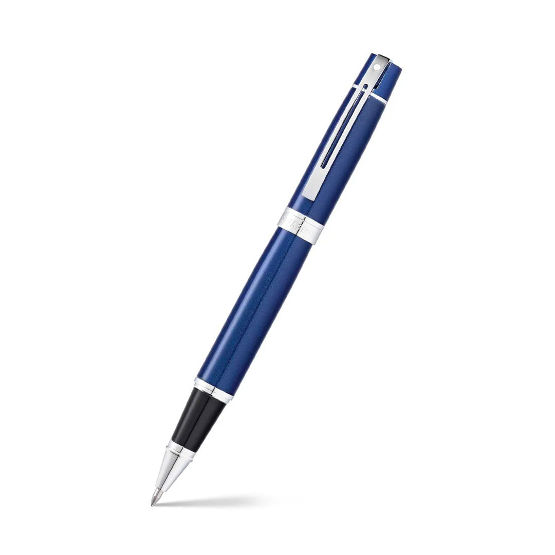 Sheaffer 300 Glossy Blue Rollerball Pen With Chrome Trims angled writing shot