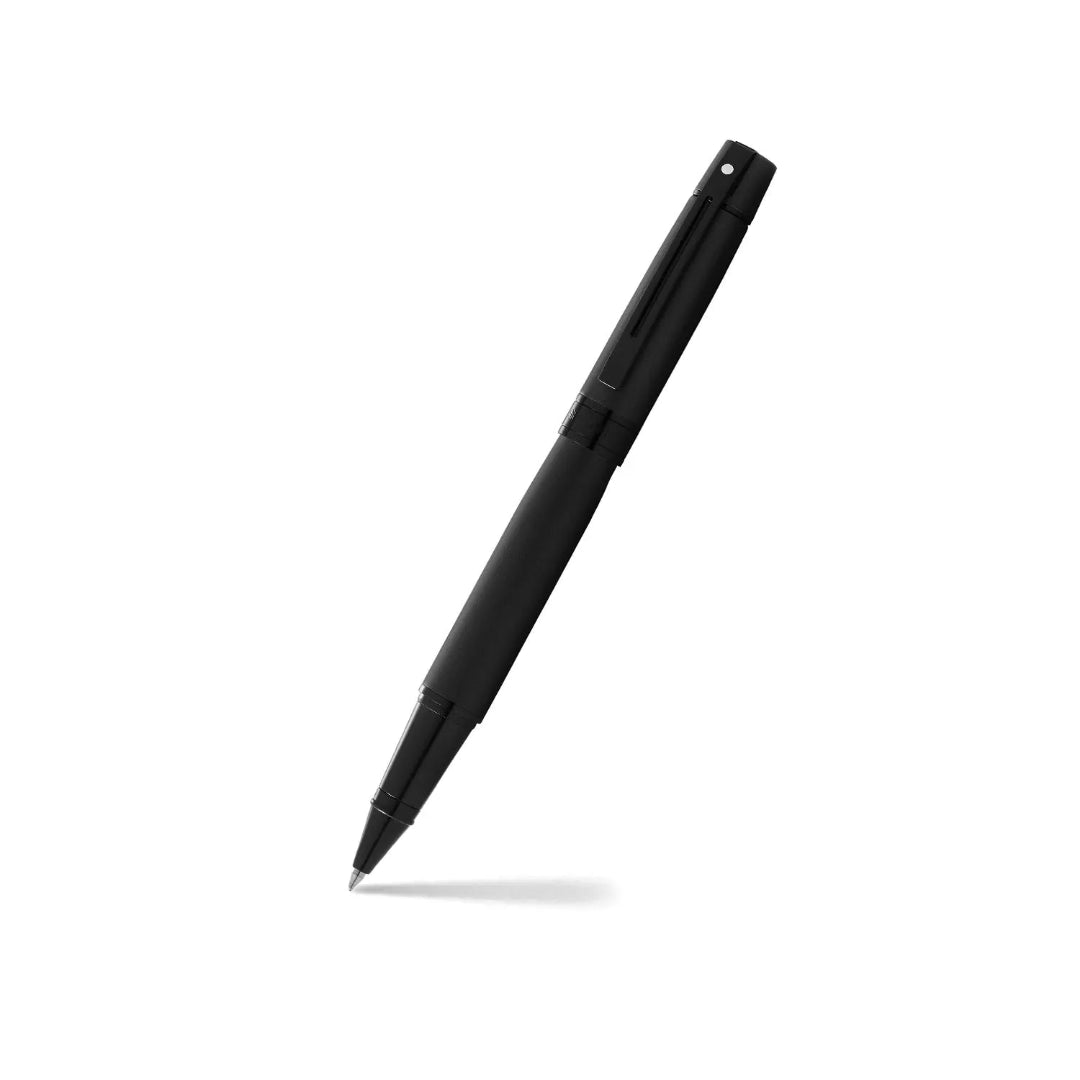 Sheaffer 300 Matte Black Rollerball Pen With Black Trims angled writing shot