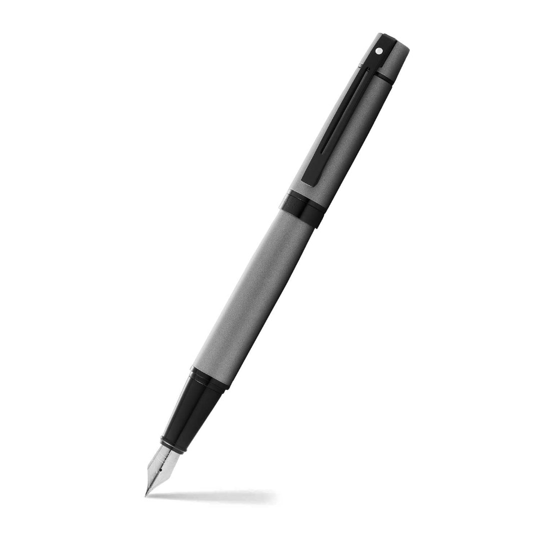Sheaffer 300 Matte Gray Fountain Pen With Black Trims angled writing shot