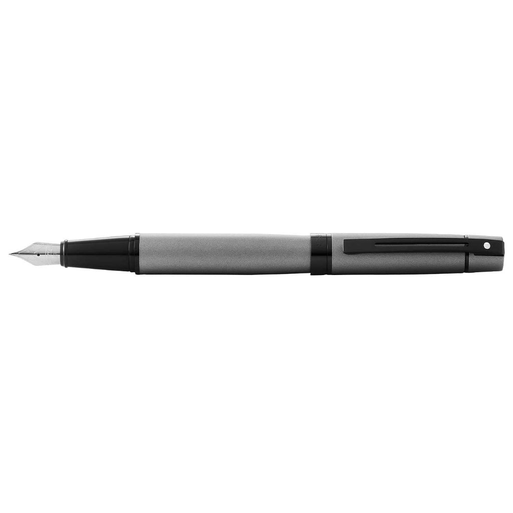 Sheaffer 300 Matte Gray Fountain Pen With Black Trims full side profile cap posted