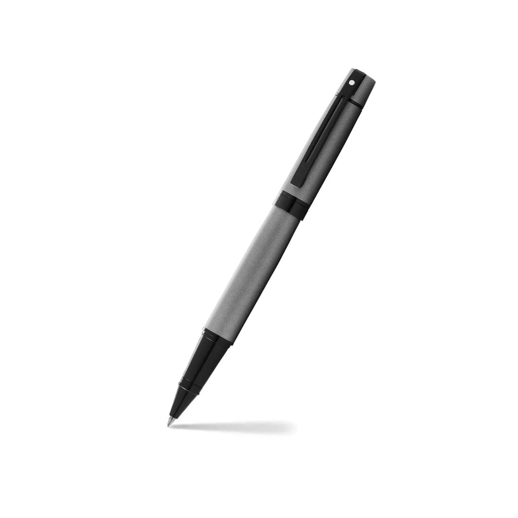Sheaffer 300 Matte Gray Rollerball Pen With Black Trims angled writing shot