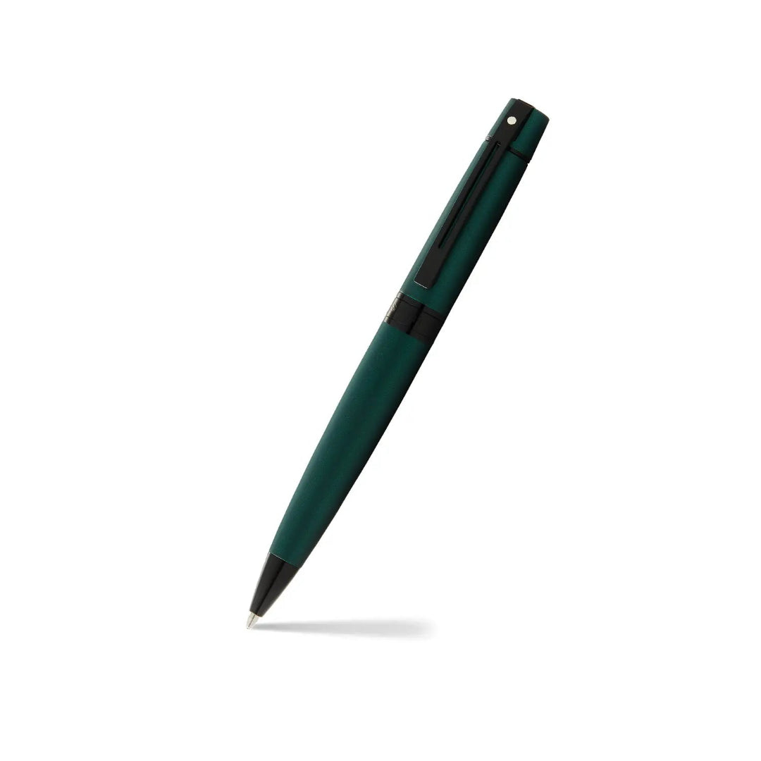 Sheaffer 300 Matte Green Ballpoint Pen With Black Trims angled writing shot