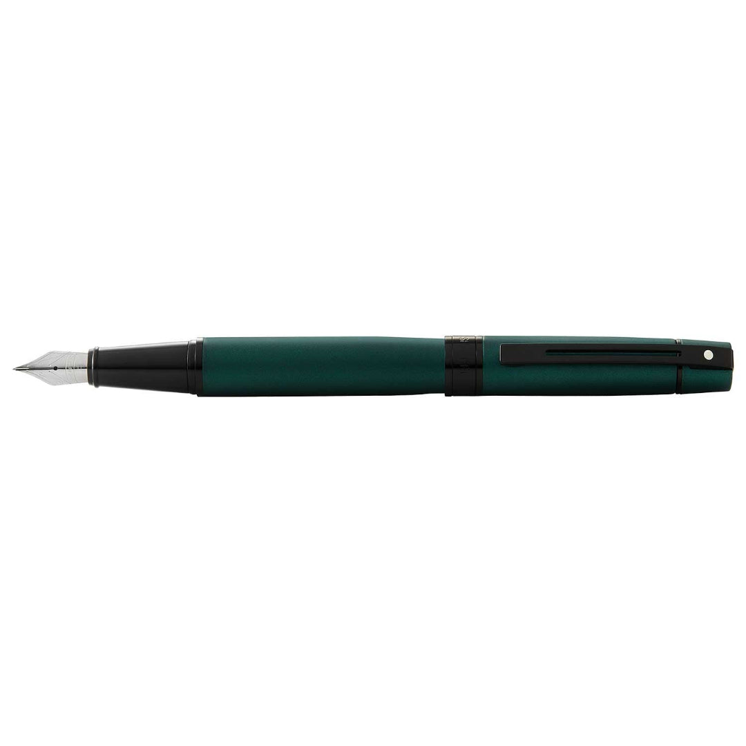 Sheaffer 300 Matte Green Fountain Pen With Black Trims full side profile cap posted