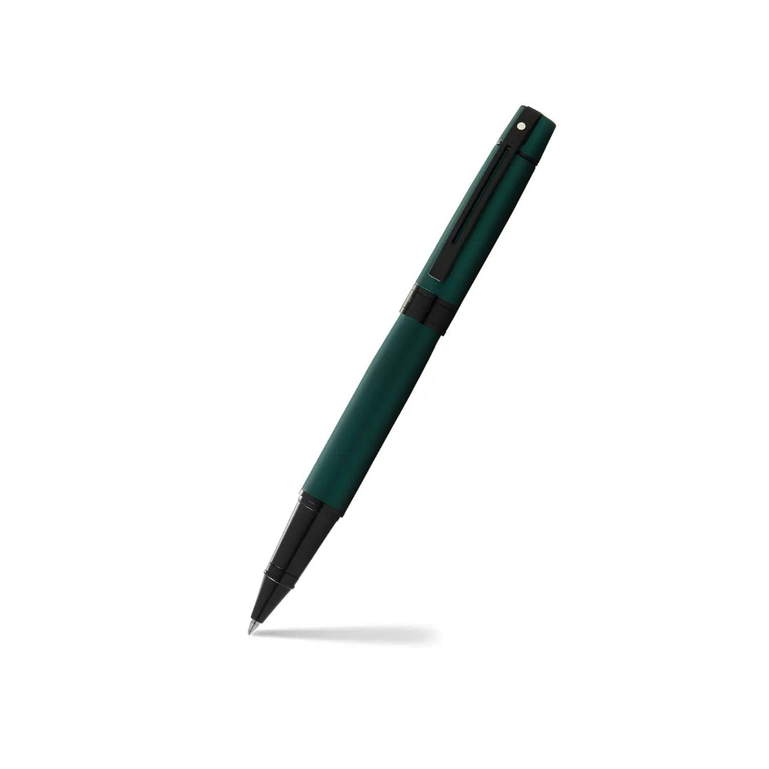 Sheaffer 300 Matte Green Rollerball Pen With Black Trims angled writing shot