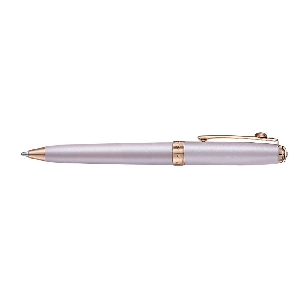 Sheaffer Emily in Paris Prelude Mini 9810 Pastel Pink Ballpoint Pen and PVD Rose Gold Trims with Heart Emblem and Swarovski Crystal full side profile