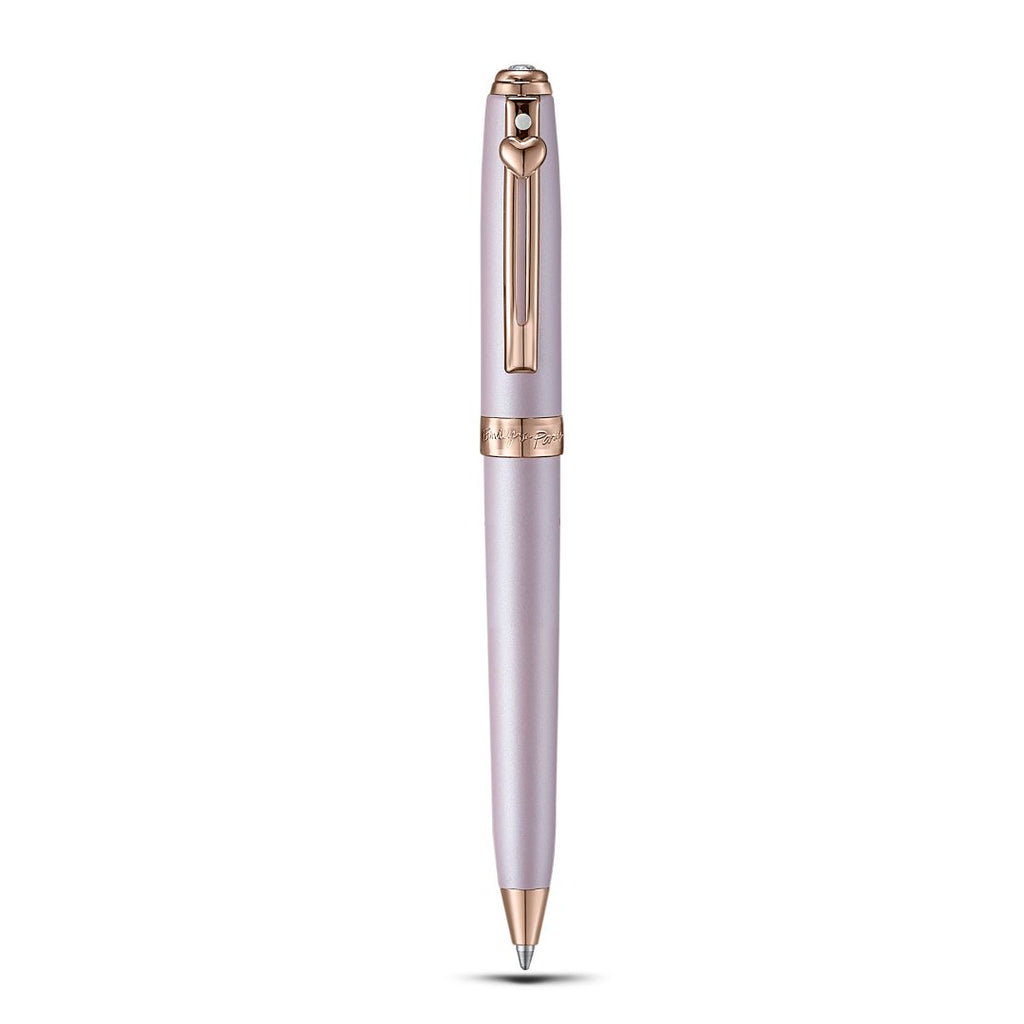 Sheaffer Emily in Paris Prelude Mini 9810 Pastel Pink Ballpoint Pen and PVD Rose Gold Trims with Heart Emblem and Swarovski Crystal full upright front view