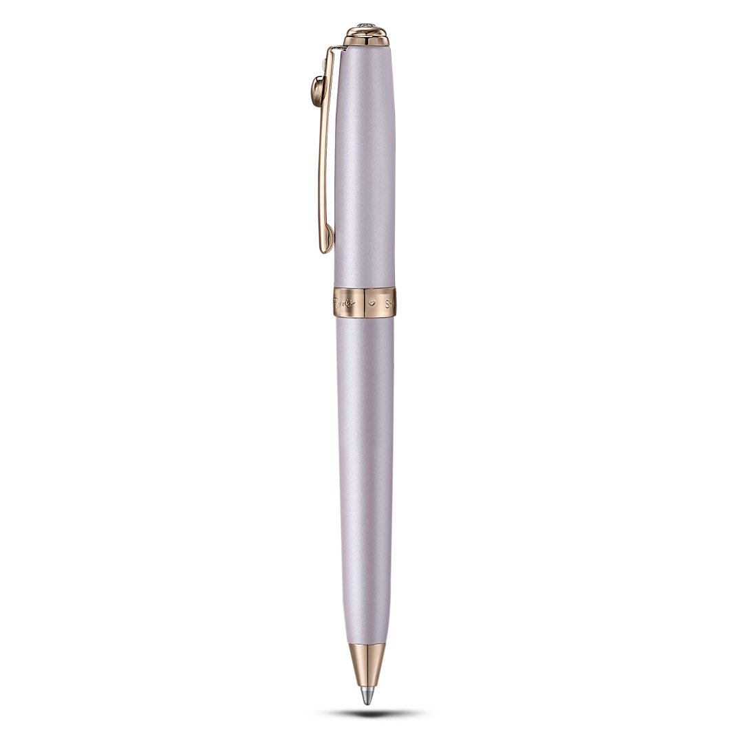 Sheaffer Emily in Paris Prelude Mini 9810 Pastel Pink Ballpoint Pen and PVD Rose Gold Trims with Heart Emblem and Swarovski Crystal upright side profile