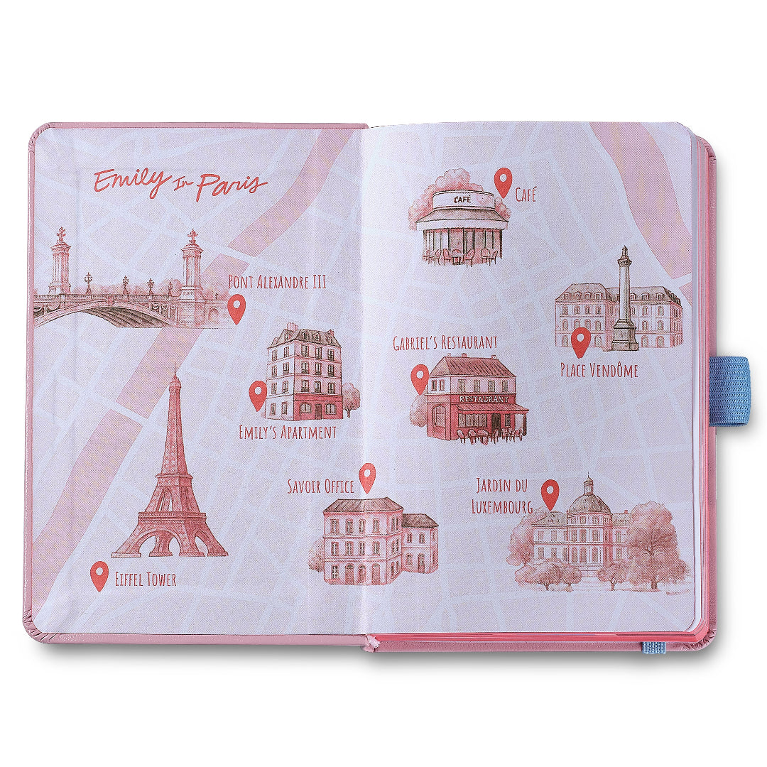 Sheaffer Emily in Paris Small Journal 90 GSM Ink Friendly Paper with Embossed Eiffel Tower - Pink inside map design