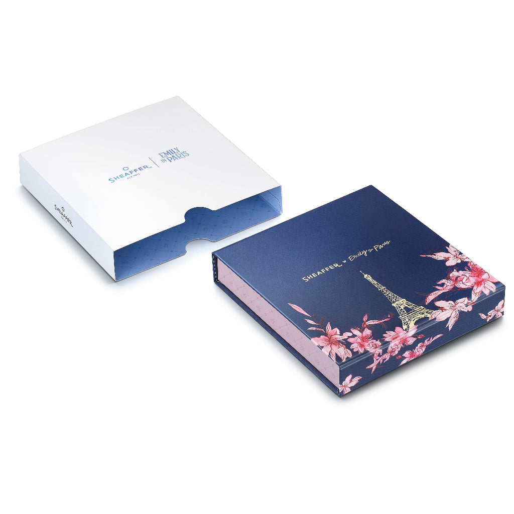 Sheaffer Gift Set ft. 100 Emily in Paris 9377 Champagne Gold Ballpoint Pen with Champagne Gold Trims and Full-Grain Credit Card Holder packaging