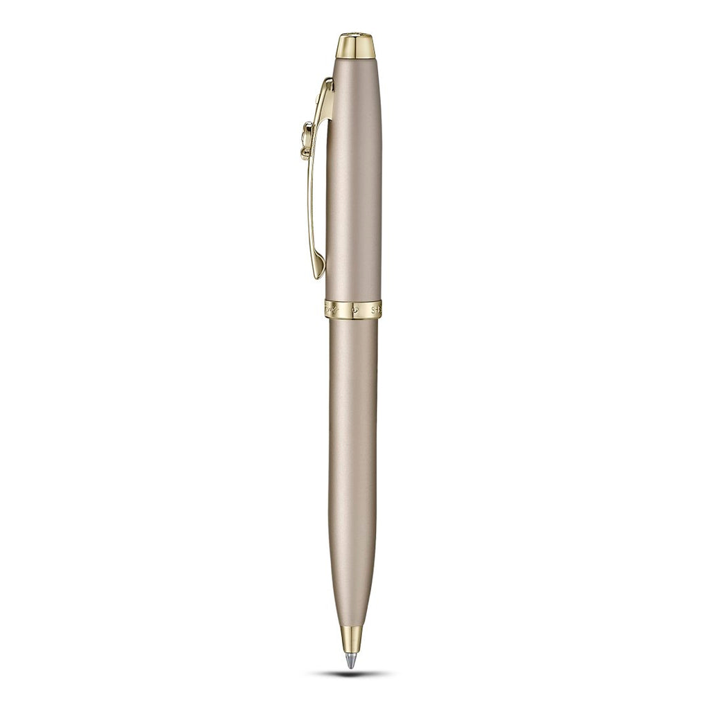 Sheaffer Gift Set ft. 100 Emily in Paris 9377 Champagne Gold Ballpoint Pen with Champagne Gold Trims and Full-Grain Credit Card Holder full upright side profile