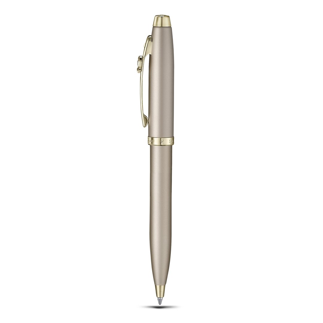 Sheaffer Gift Set ft. 100 Emily in Paris 9377 Champagne Gold Ballpoint Pen with Champagne Gold Trims and Full-Grain Credit Card Holder full upright side profile