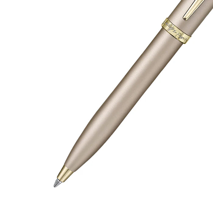 Sheaffer Gift Set ft. 100 Emily in Paris 9377 Champagne Gold Ballpoint Pen with Champagne Gold Trims and Hardbound Small Notebook pen barrel and tip section