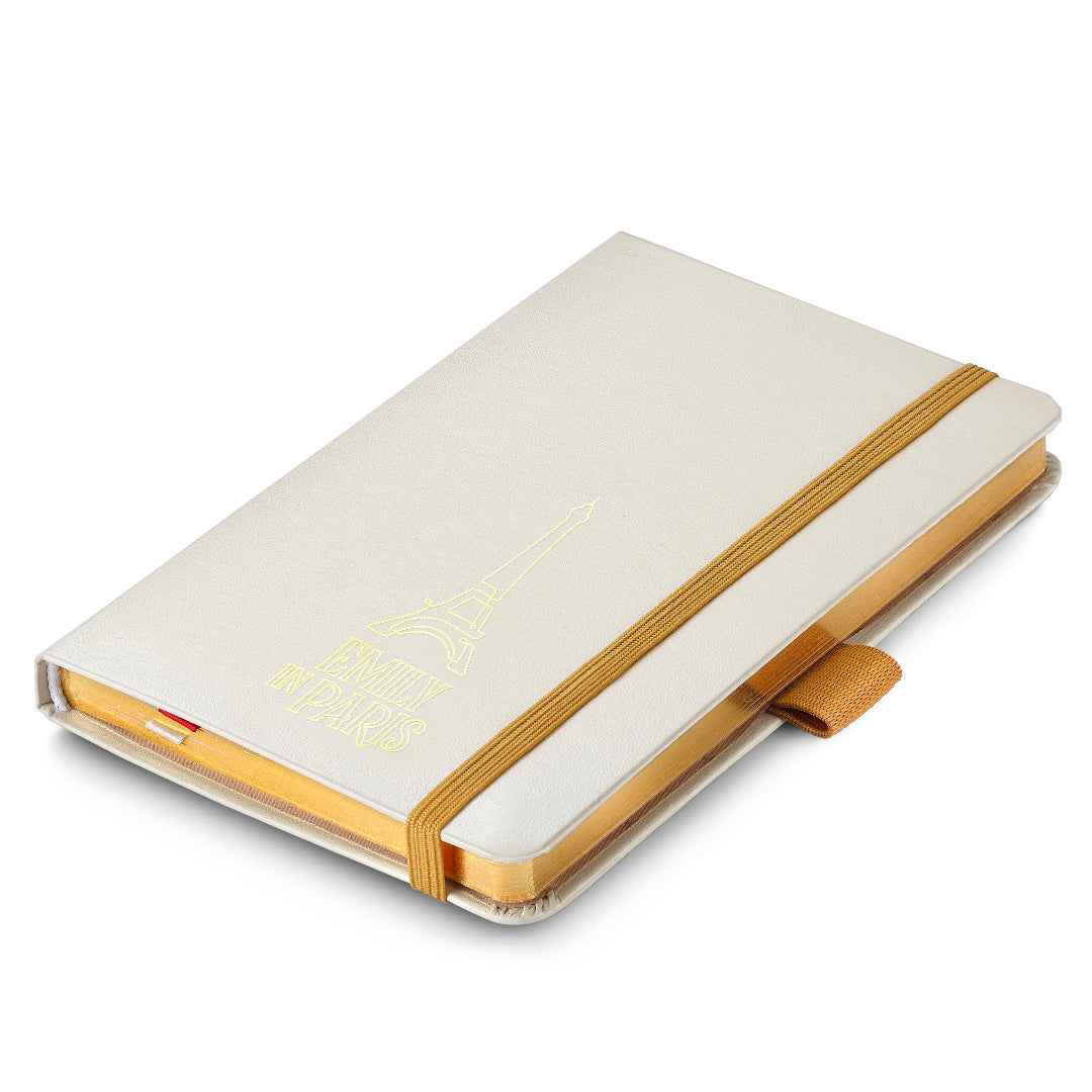 Sheaffer Gift Set ft. 100 Emily in Paris 9377 Champagne Gold Ballpoint Pen with Champagne Gold Trims and Hardbound Small Notebook flatlay